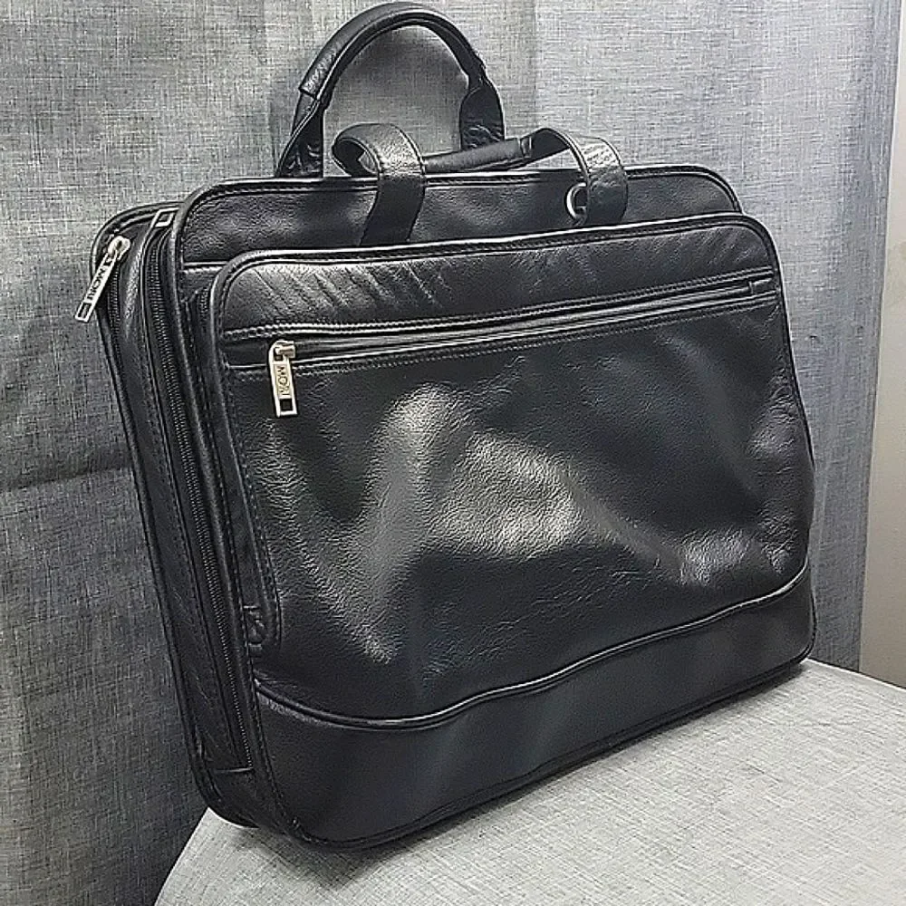 MORI Black Leather Briefcase / Computer Bag w/ Pockets, compartments, zippers